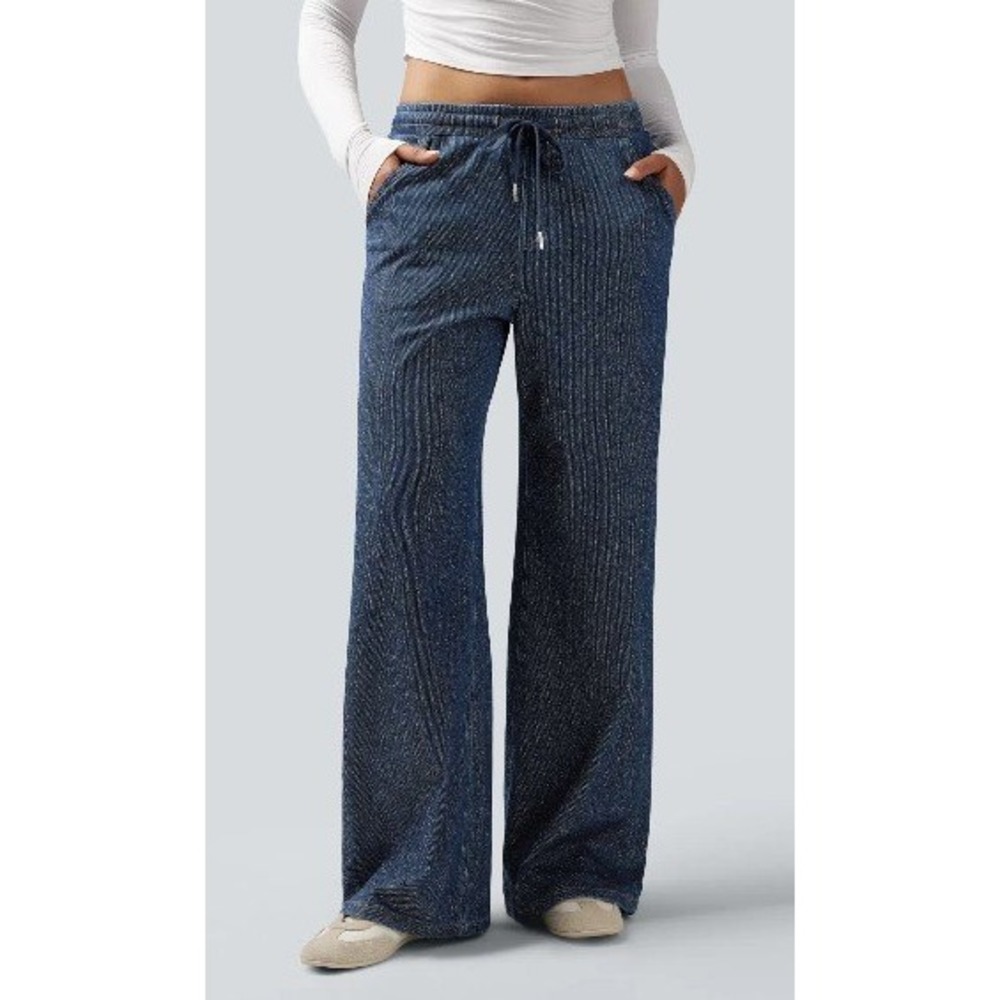 Halara Womens Wide Leg Drawstring Pants Dark Blue Denim Look Medium regular
